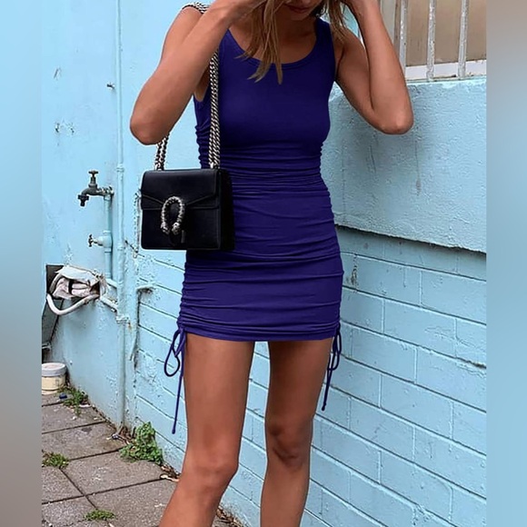 Women Bodycon Mini Dress Sleeveless Drawstring Ruched - Picture 3 of 4